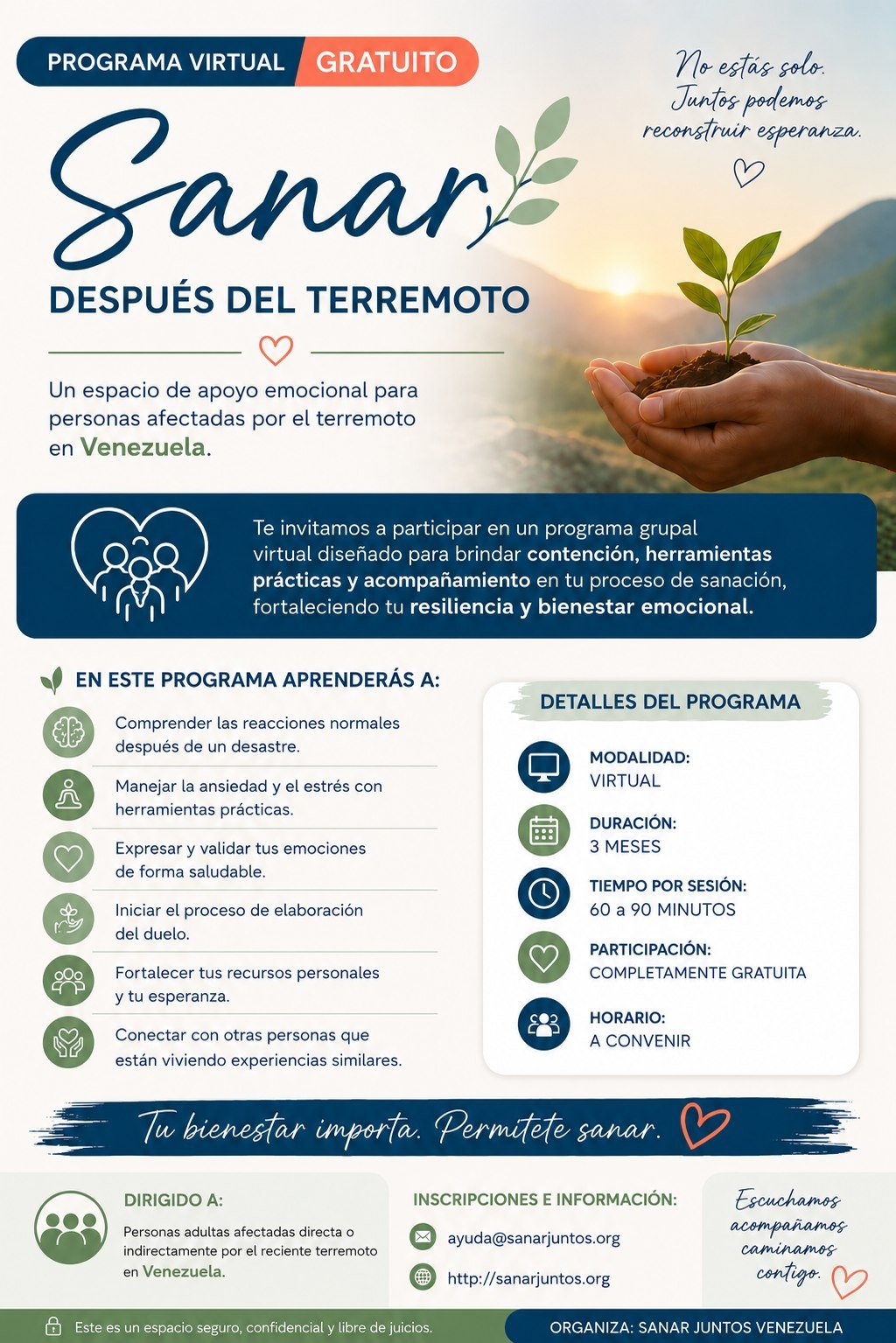 Flyer de Sanar Juntos — programa virtual gratuito de apoyo emocional